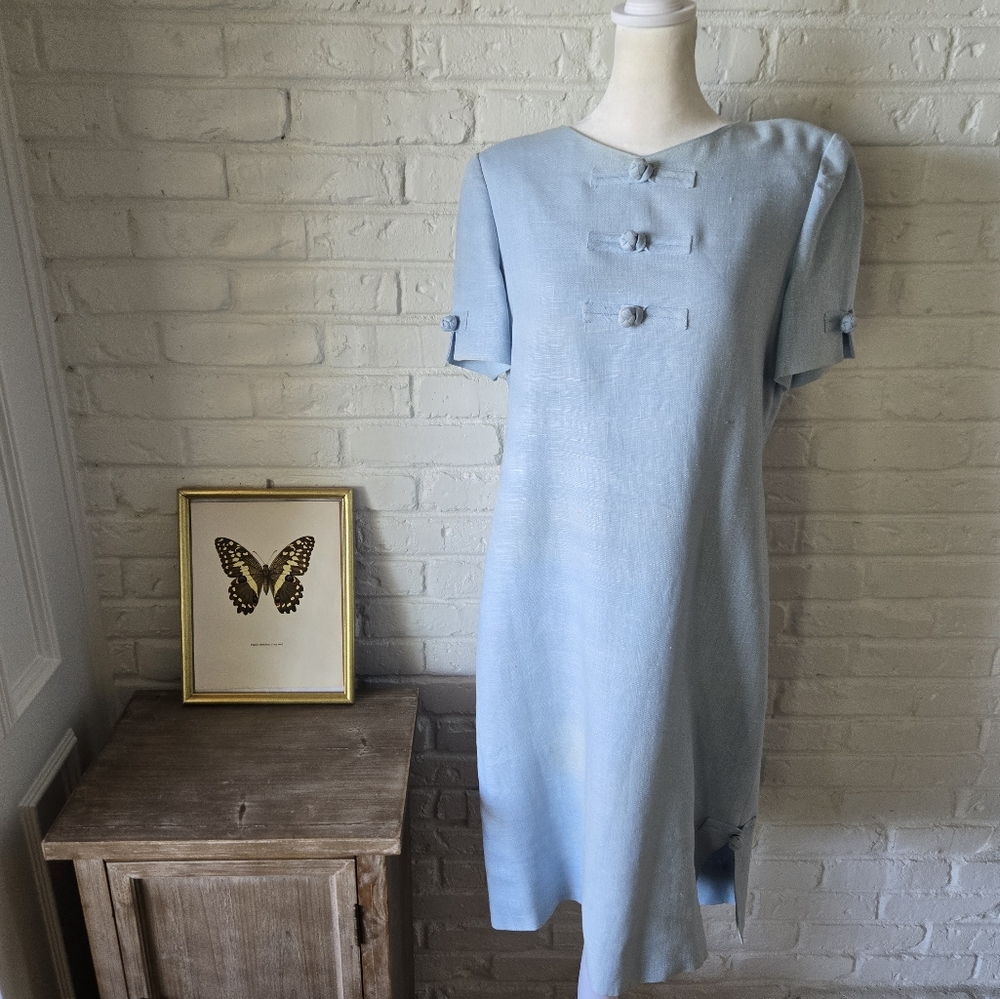 Vintage William Pearson Light Blue Shift Dress, Linen, 80s, Work, Casual - Picture 1 of 15